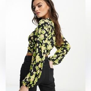 Striking Green and Black Floral Long-Sleeve Wrap Top